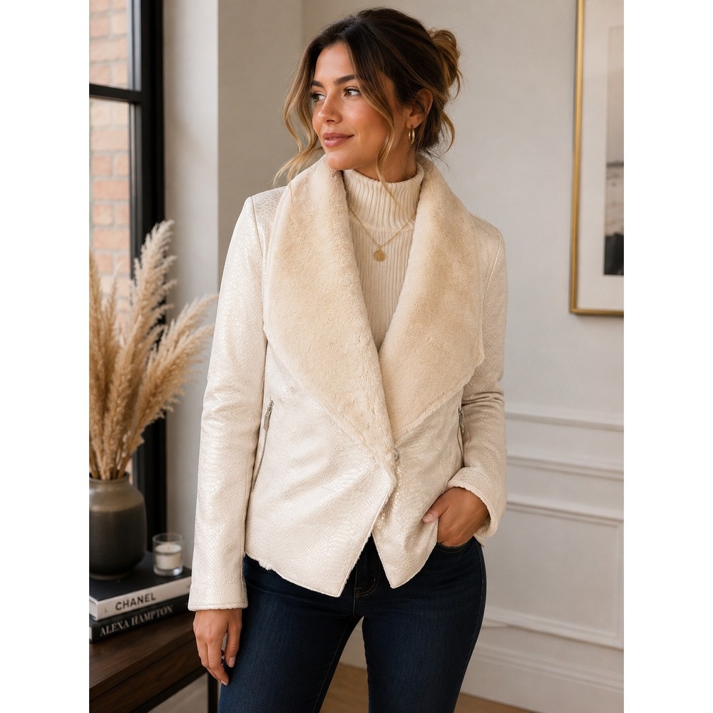 BKE Outerwear Womens Cream Snakeskin‎ Faux Leather Faux Fur Moto Jacket Small
